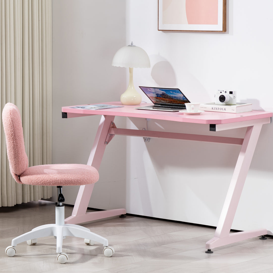 HOMCOM Armless Heart Computer Desk Chair, Teddy Fleece Swivel Office Chair, Makeup Vanity Chair with Height Adjustable, Wheels, for Home Study Bedroom, Pink