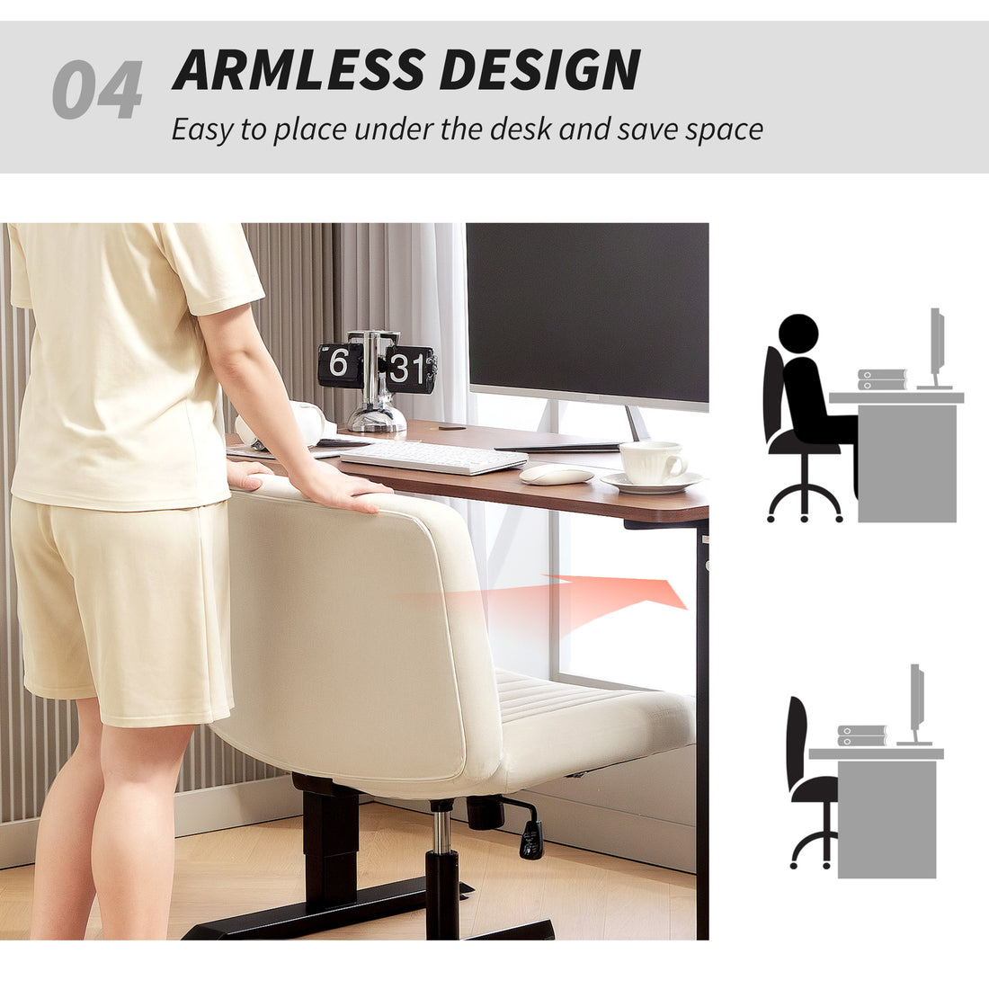 HOMCOM Armless Office Chair No Wheels, Linen Fabric Criss Cross Legged Desk Chair with Wide Seat, Thick Padding, Tilt Function, Height Adjustable Swivel Computer Seat for Home, Cream