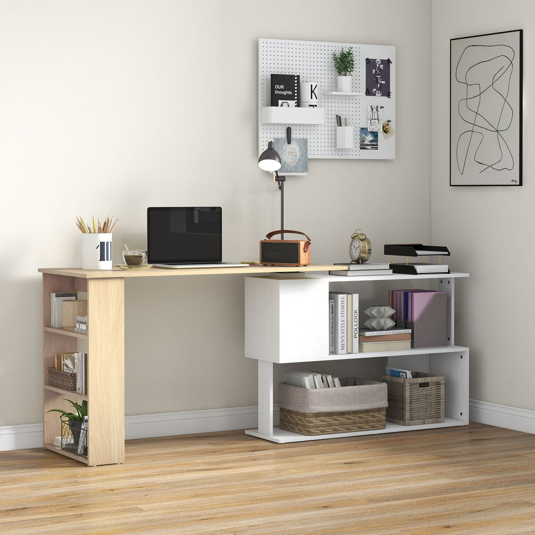 HOMCOM Corner Computer Desk, L Shaped Desk with 360° Rotating Bookshelf, 120L x 110W x 74.5H cm, Natural and White