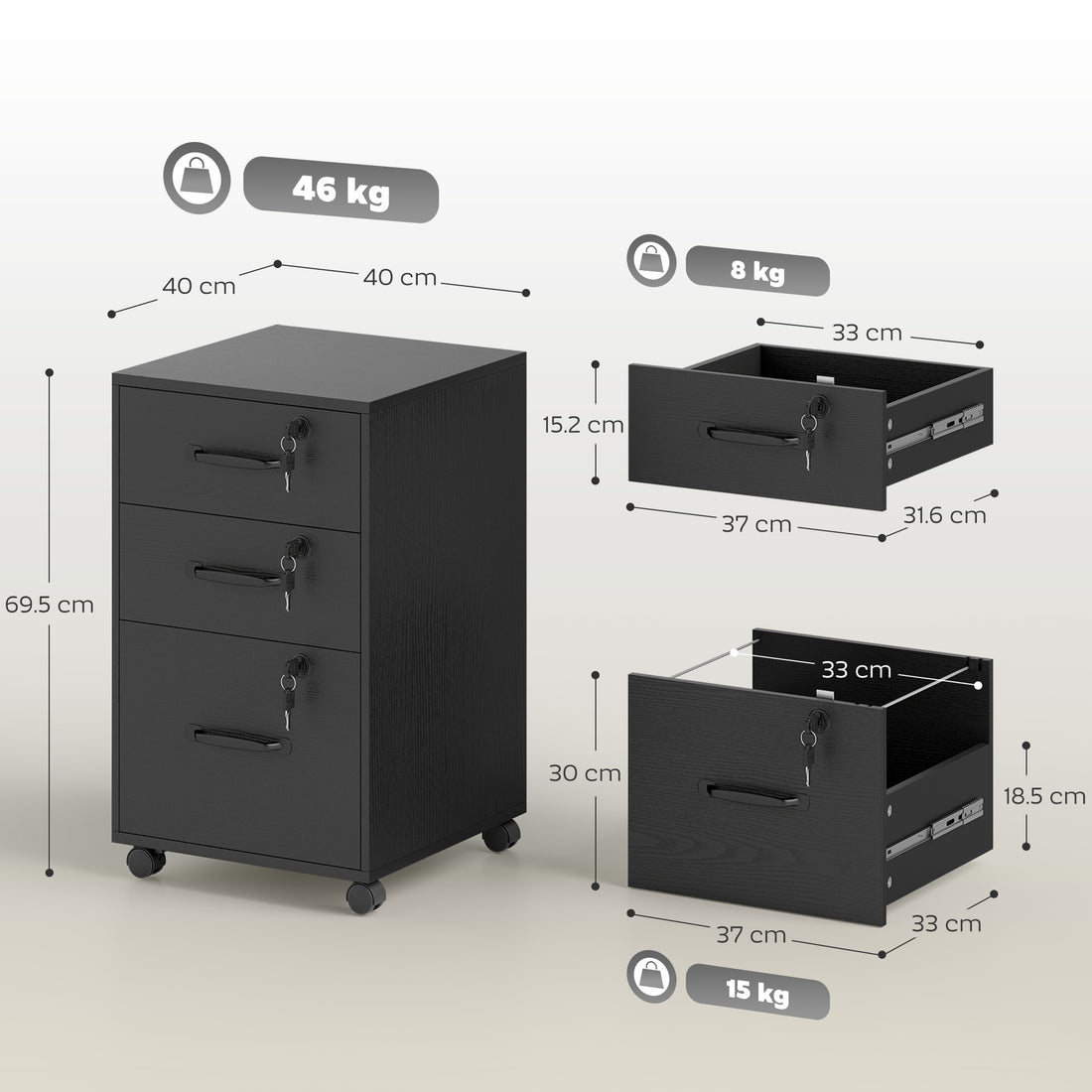 HOMCOM Three Drawer Wood-Effect Filing Cabinet - Black