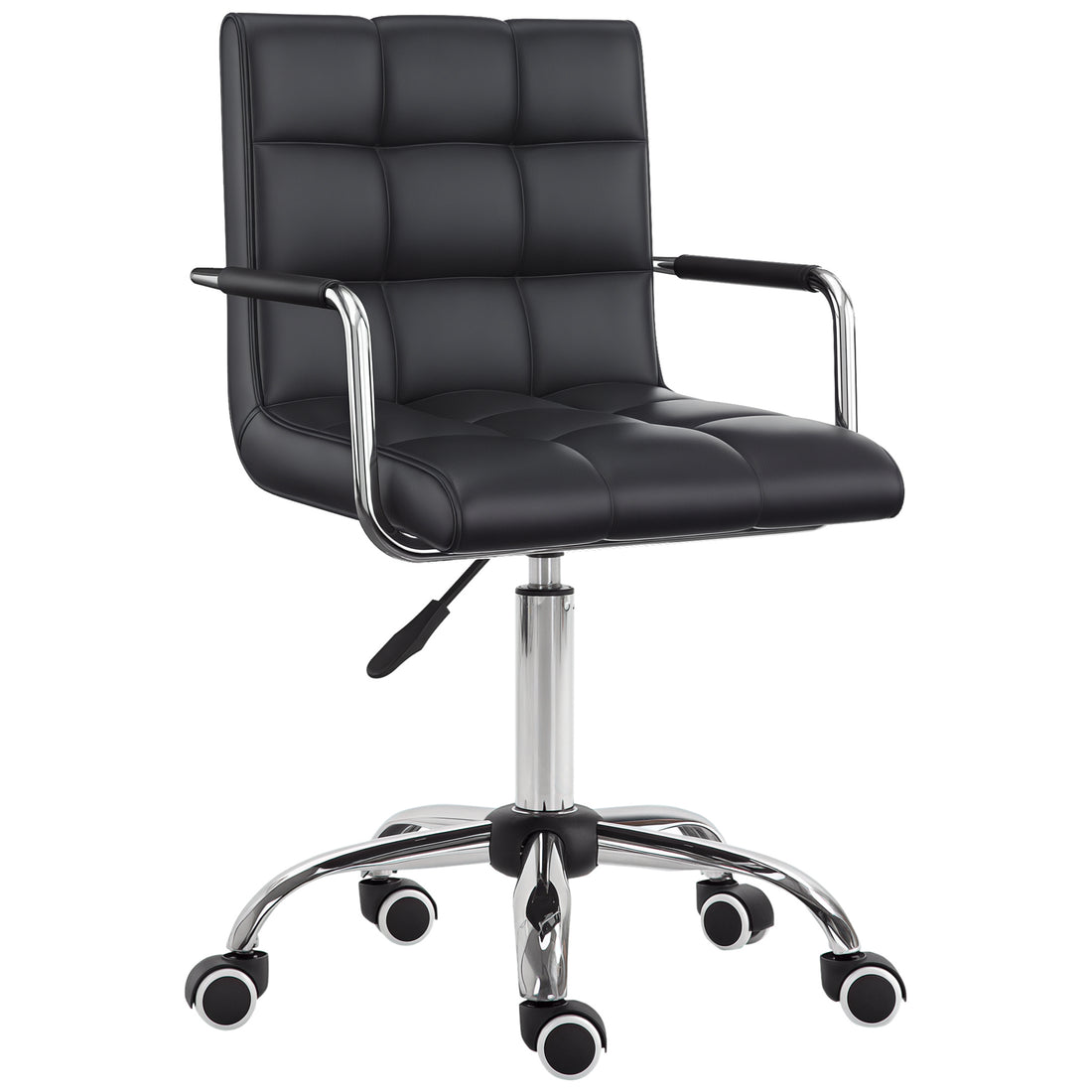 Vinsetto Makeup Vanity Chair, PU Leather Mid Back Office Chair with Adjustable Height, Armrest and Rolling Wheels, Black