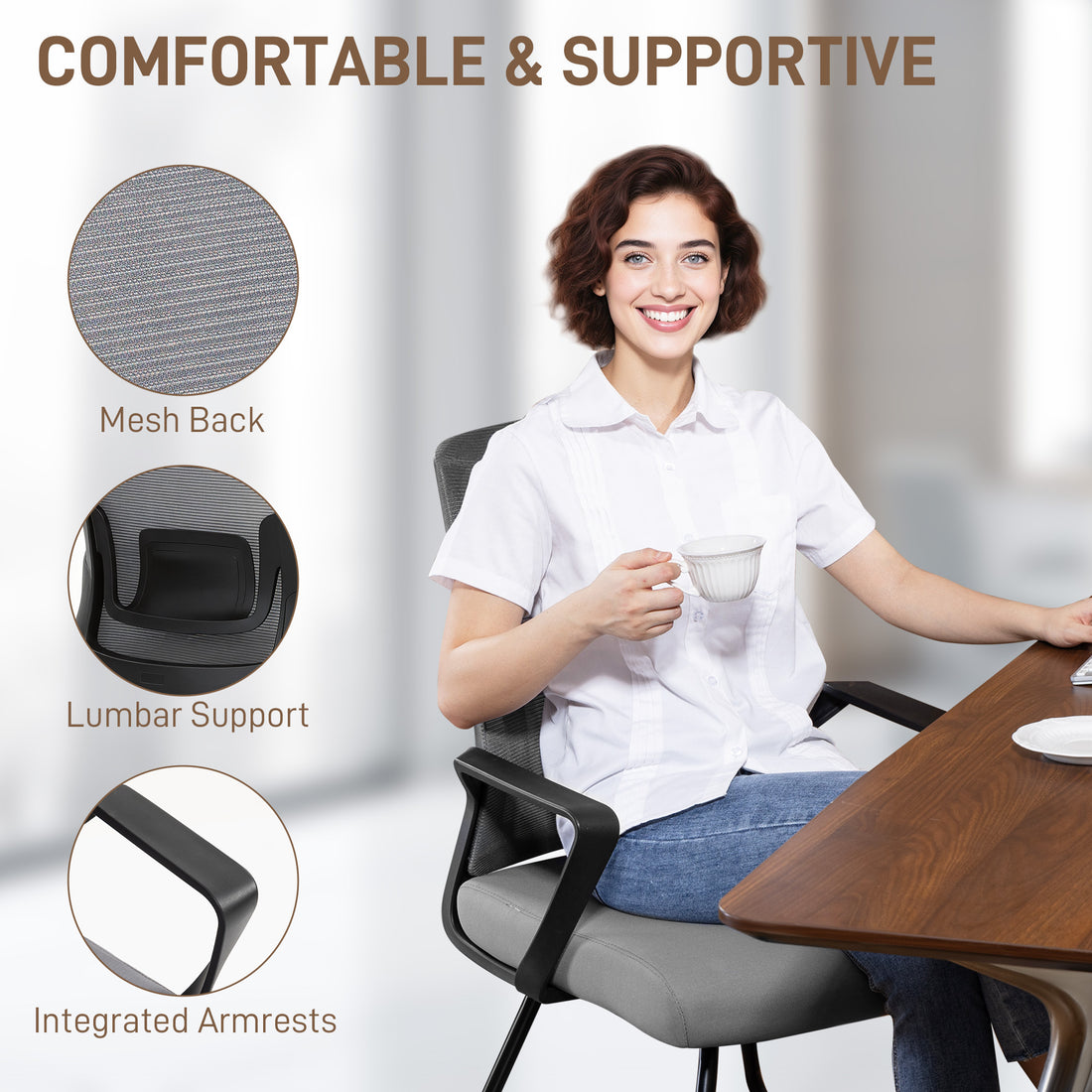 HOMCOM Desk Chair No Wheels, Office Chair with Mesh Back, Lumbar Support, Metal Base for Waiting Room, Conference Room, Dark Grey