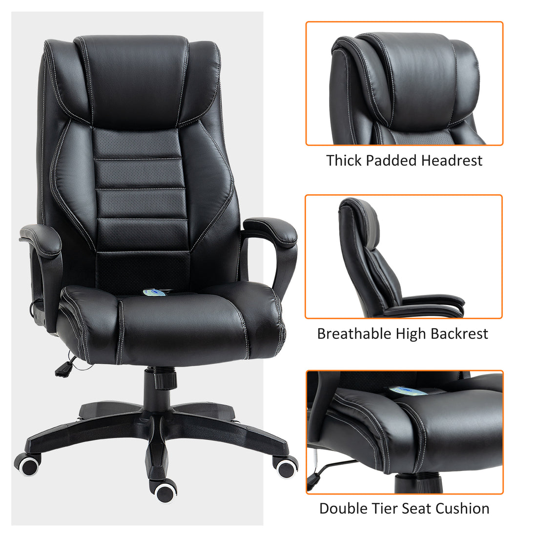 Vinsetto Office Chair with 6-Point Maaage, PU Desk Chair with Padded Seat and Armrest, Computer Chair with Tilt Function for Home, Black