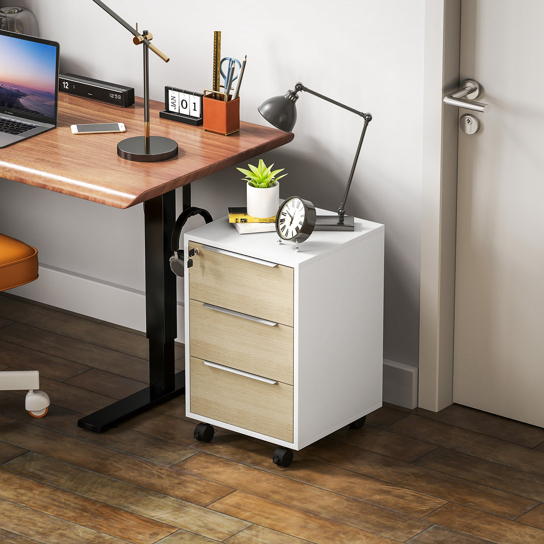 HOMCOM Three-Drawer Locking Filing Cabinet - Oak/White