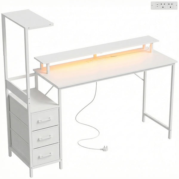 HOMCOM 147cm Gaming Desk with Charging Station and Monitor Stand, Computer Table for Home Office with RGB Lights, White