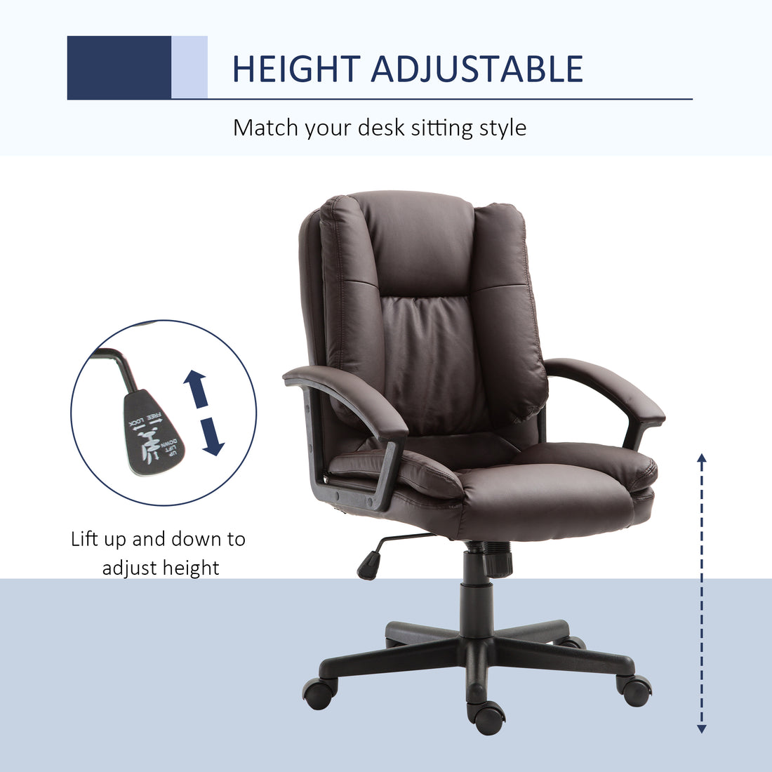 HOMCOM Office Chair, Computer Desk Chair, PU Leather Mid Back Executive Chair with Adjustable Height and Swivel Rolling Wheels for Home Study, Brown