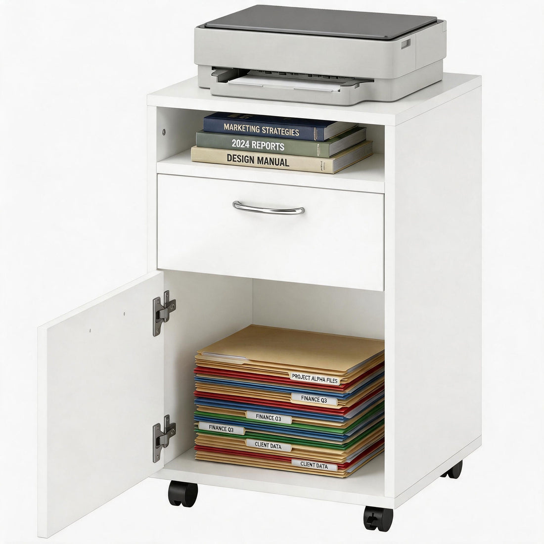 HOMCOM Filing Cabinet, Mobile File Cabinet with 2 Lockable Drawers, Office Home Organiser on Wheels for A4, Letter-Size File Folders, Mobile Printer with Open Shelf, White