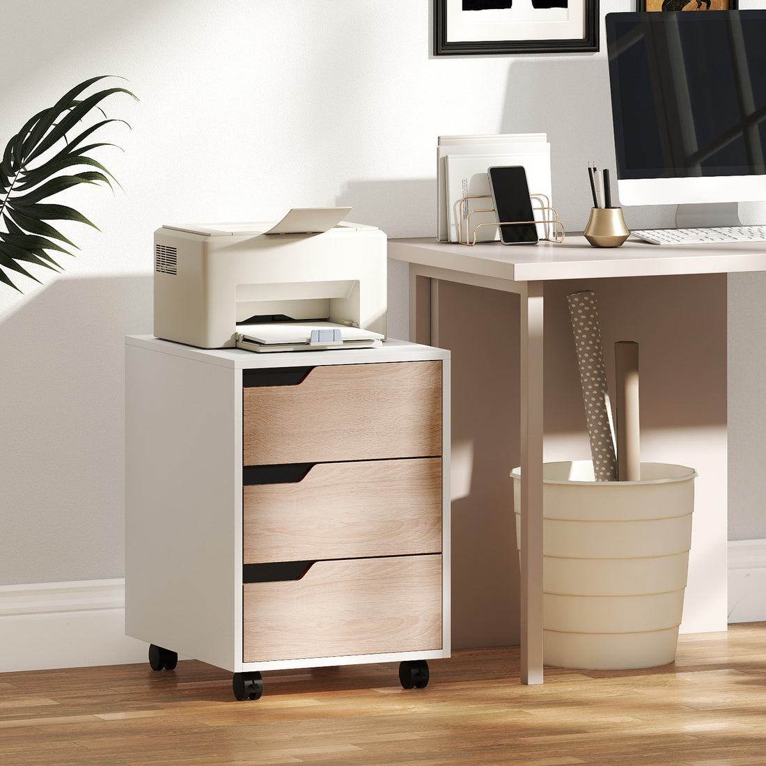 HOMCOM 3 Drawer Mobile File Cabinet, Vertical Filing Cabinet with Wheels for Home Office, Oak