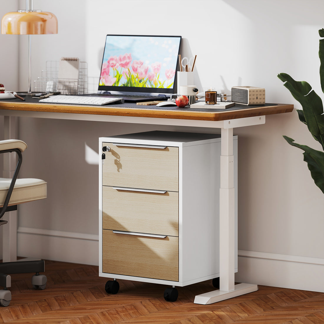 HOMCOM Three-Drawer Locking Filing Cabinet - Oak/White