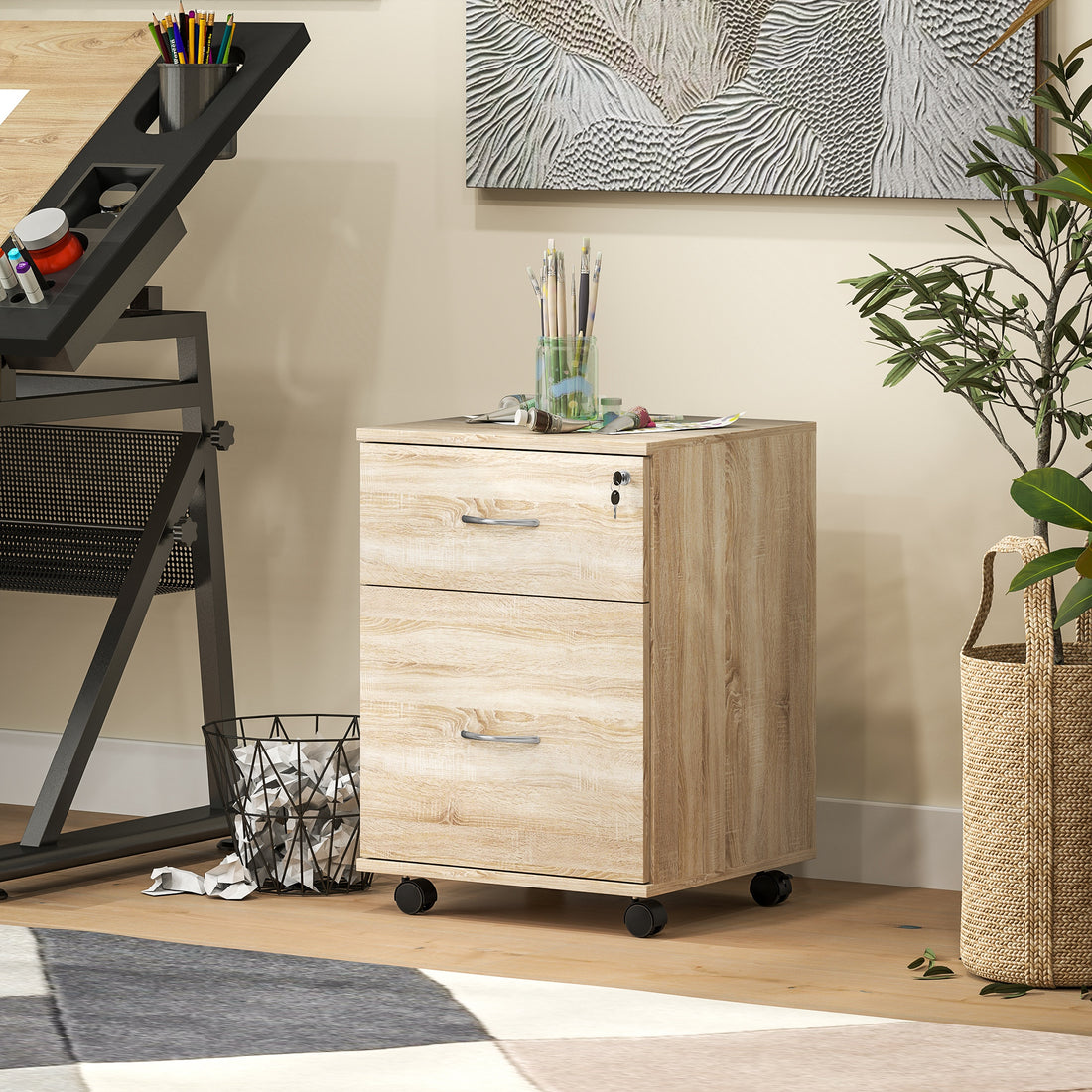 HOMCOM Two Drawer Lockable Filing Cabinet - Wood-Effect