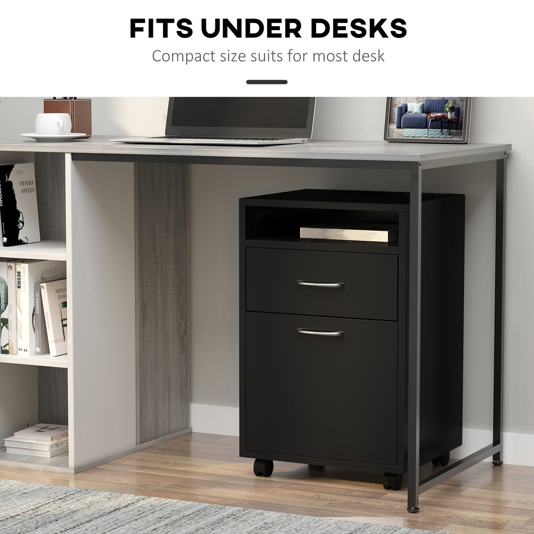 HOMCOM Filing Cabinet, Mobile File Cabinet with 2 Drawers, Office Home Organiser on Wheels for A4, Letter-Size File Folders, Mobile Printer with Open Shelf, Black