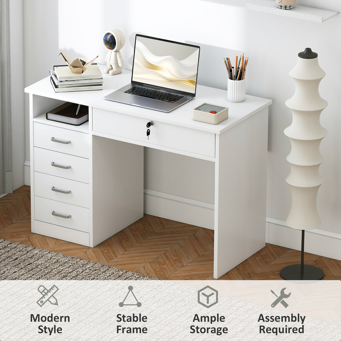 HOMCOM Computer Desk, Home Office Desk with Lockable Drawer, Storage Shelf for Study Bedroom, 110 x 50 x 76 cm, White