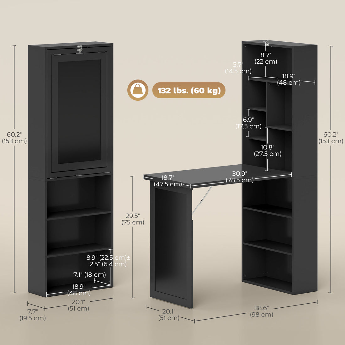 HOMCOM Three-Part Work Desk, with Storage and Chalkboard - Black
