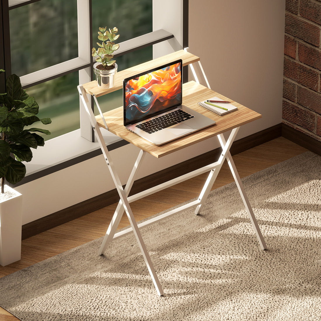 HOMCOM 70 cm Folding Computer Desk with Monitor Shelf - Natural Wood Finish