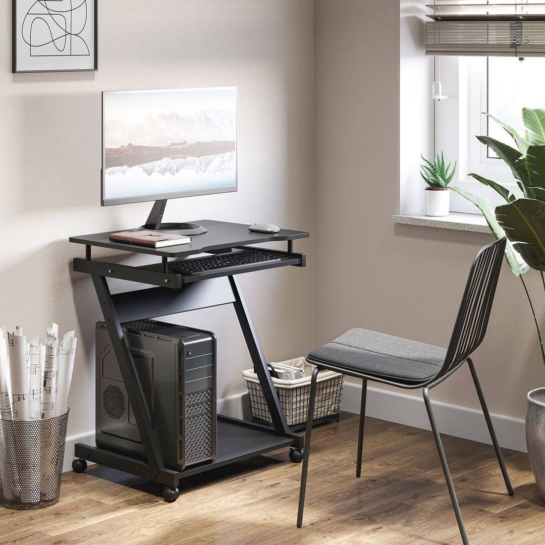 HOMCOM Movable Computer Desk with 4 Moving Wheels and Keyboard Tray Black