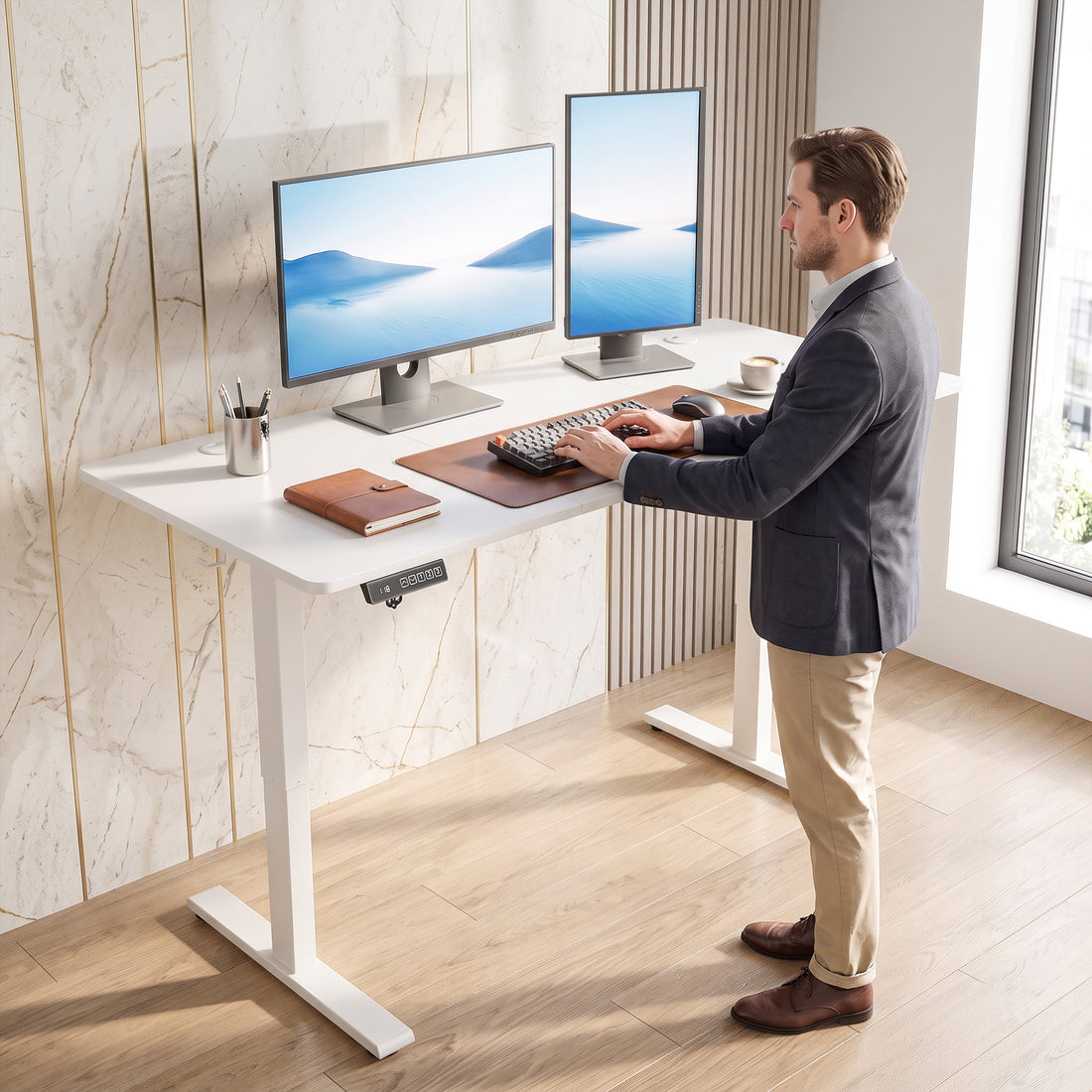 HOMCOM Standing Desk Memory Control Height Adjustable Desk 2 Cable Holes LED Display Sit Stand Desk White