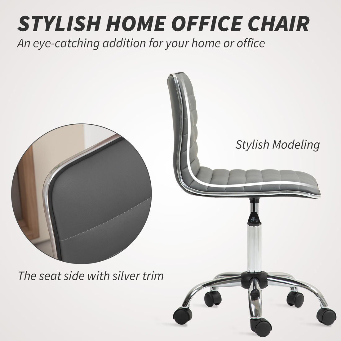 HOMCOM Armless Task Desk Chair, Swivel Office Chair with Faux Leather, Adjustable Seat Height, Chrome Base, Wheels for Home, Dark Grey