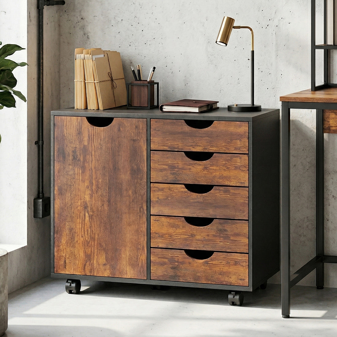 HOMCOM Multi-Storage Mobile Office Storage Cabinet - Rustic Brown