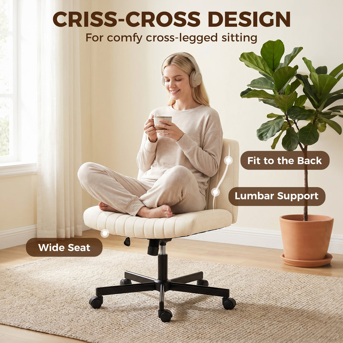 HOMCOM Imitation Linen Criss Cross Legged Desk Chair, Armless Office Chair with Wheels, Cream