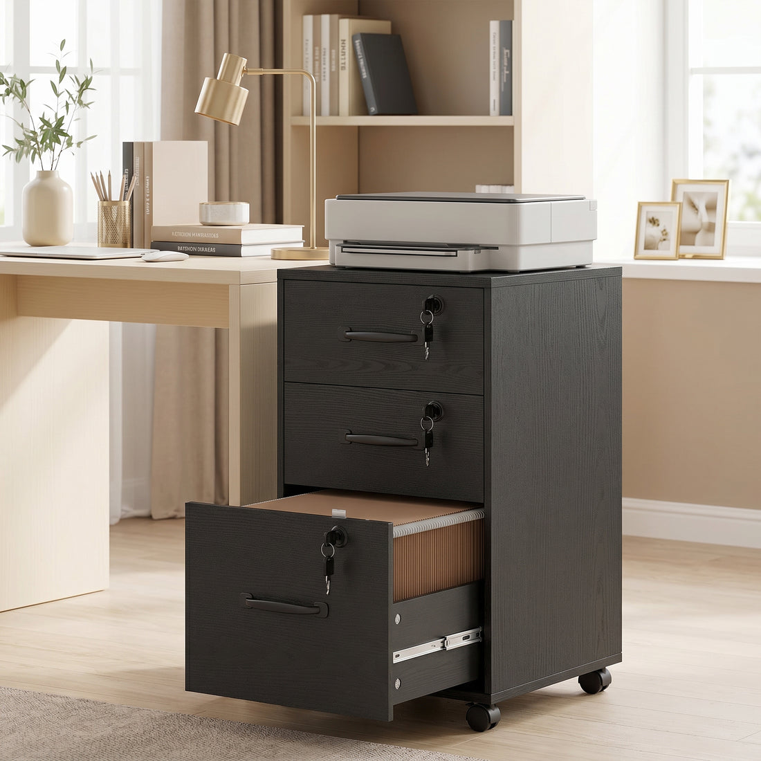 HOMCOM Three Drawer Wood-Effect Filing Cabinet - Black