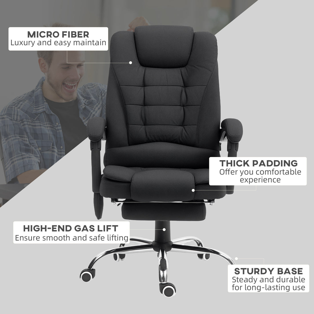 Vinsetto Office Chair with 6 Point Massage and Back Heat, Microfibre Desk Chair with Adjustable Height, Full Black