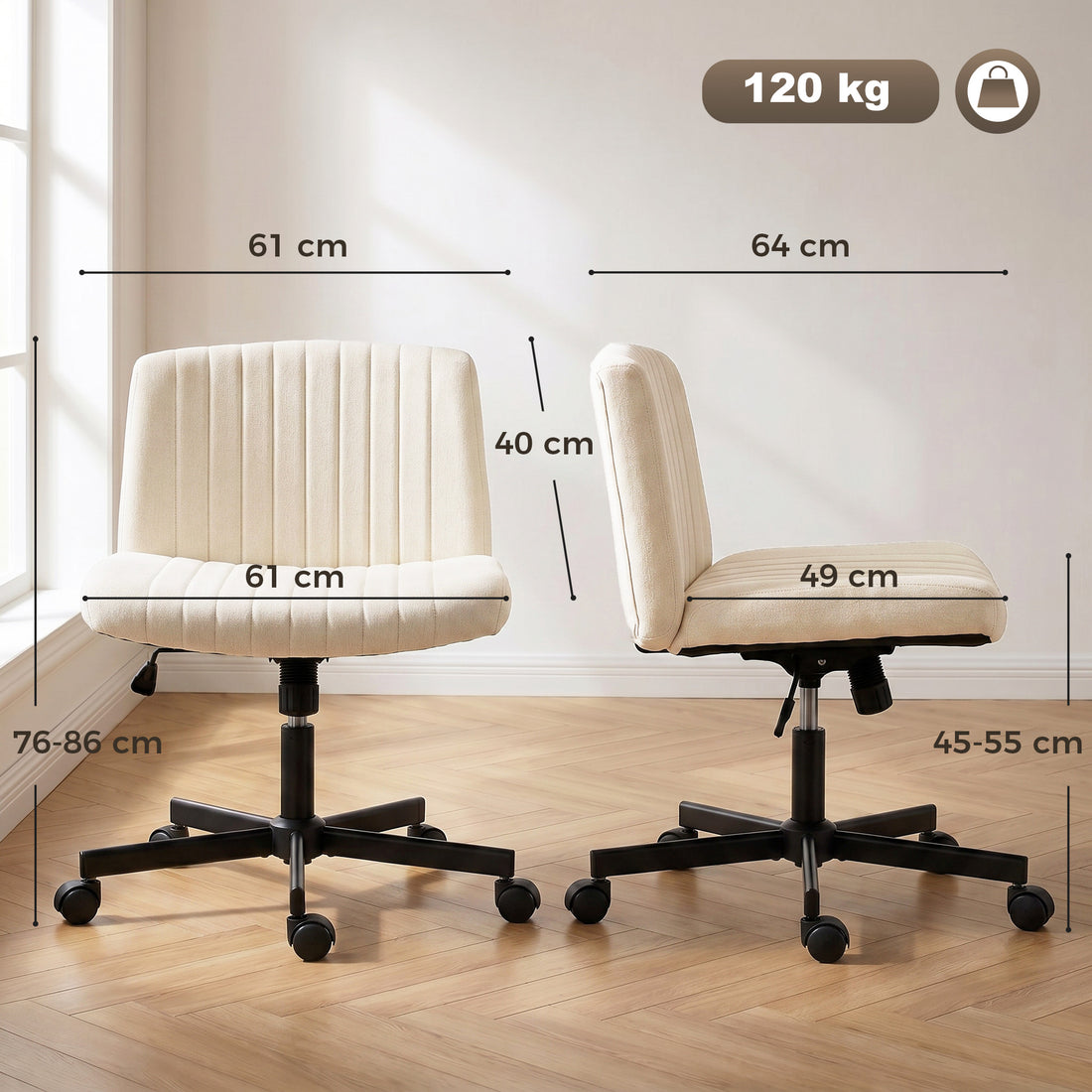 HOMCOM Imitation Linen Criss Cross Legged Desk Chair, Armless Office Chair with Wheels, Cream