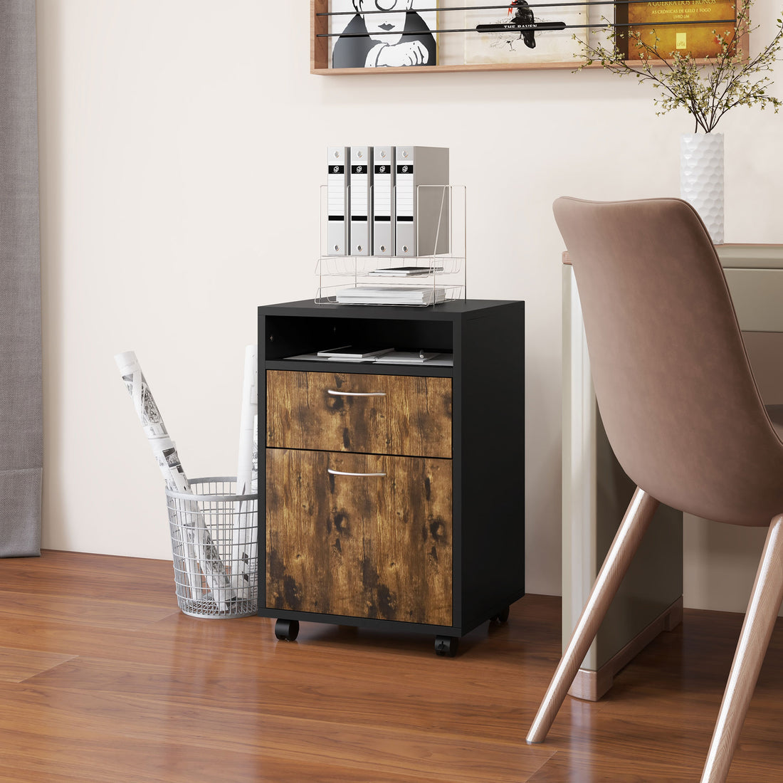 HOMCOM Filing Cabinet, Mobile File Cabinet with 2 Lockable Drawers, Office Home Organiser on Wheels for A4, Letter-Size File Folders, Mobile Printer with Open Shelf, Rustic Brown