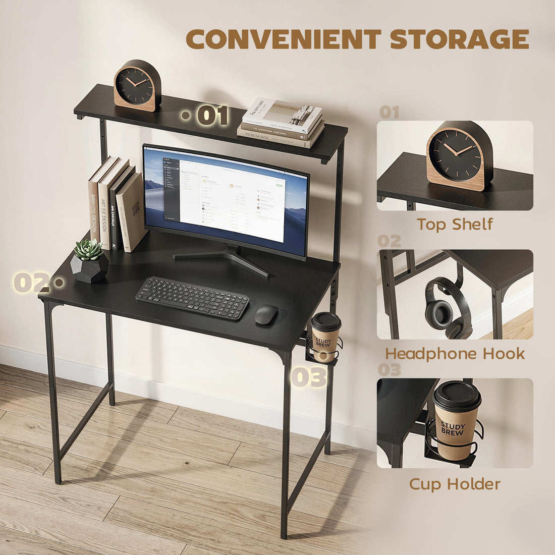 HOMCOM Computer Desk, 80cm Home Office Study Table with Hutch Shelf, Cup Holder, Headphone Hook, Black