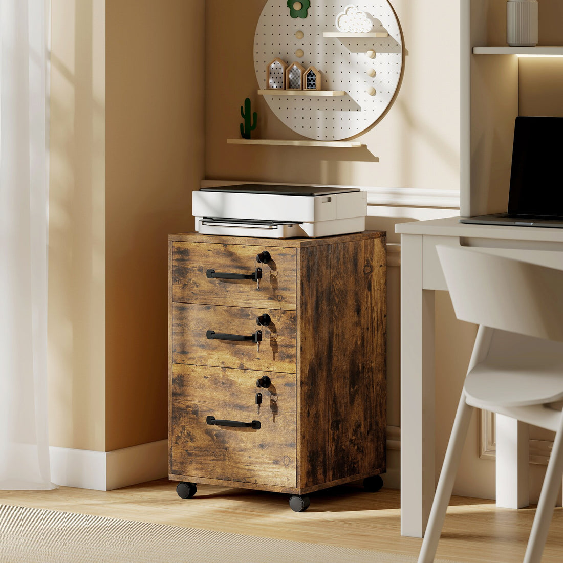 HOMCOM Three Drawer Wood-Effect Filing Cabinet - Rustic Brown