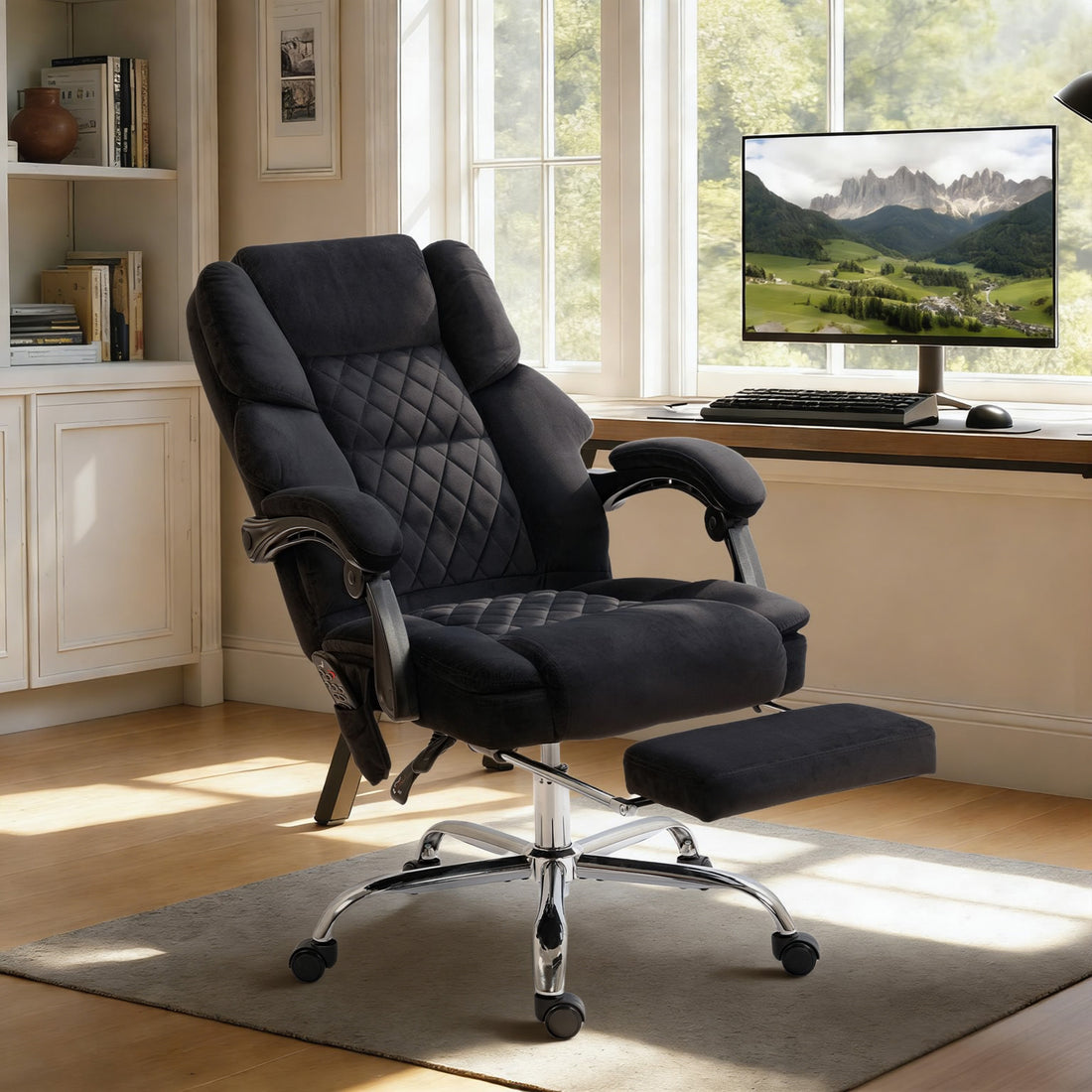 HOMCOM Office Chair with 6-point Vibration Massage and Heat, Fabric Desk Chair with Footrest, High Back, Black