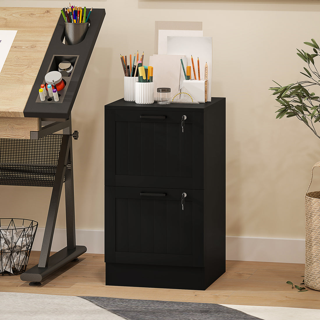 HOMCOM 2 Drawer Filing Cabinet with Lock, Office Storage Cabinet with Adjustable Hanging Bars for A4 Letter Size Files, Black
