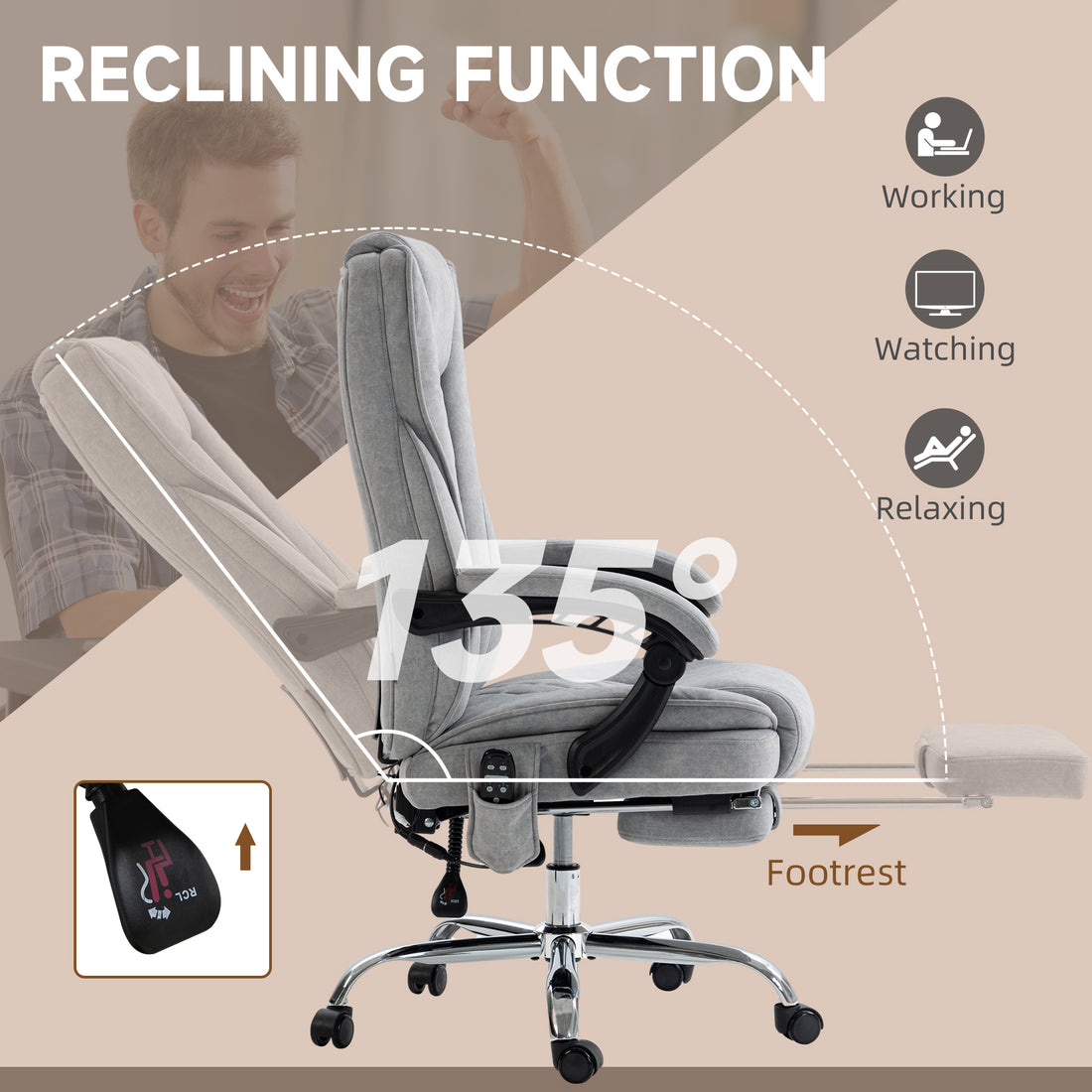 Vinsetto Massage Office Chair, Heated Reclining Computer Chair with Adjustable Height and Footrest, Grey