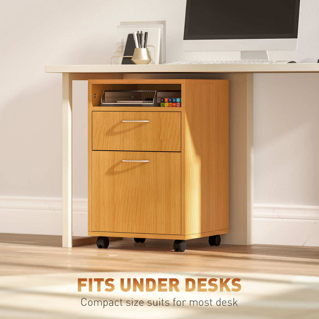 HOMCOM Filing Cabinet, Mobile File Cabinet with 2 Drawers, Office Home Organiser on Wheels, Natural Wood Finish