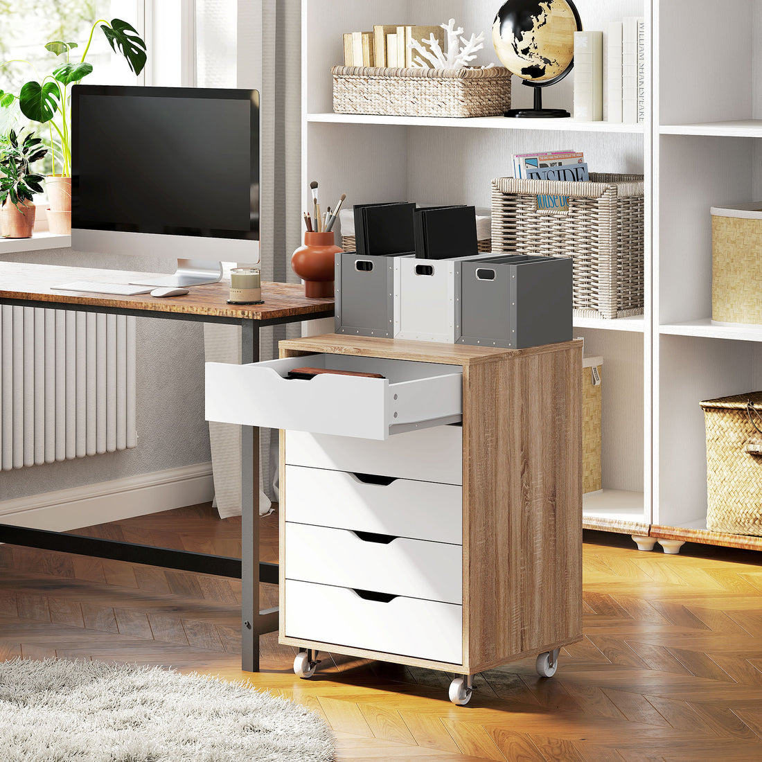Vinsetto Five-Drawer Filing Cabinet, with Wheels - Oak Brown