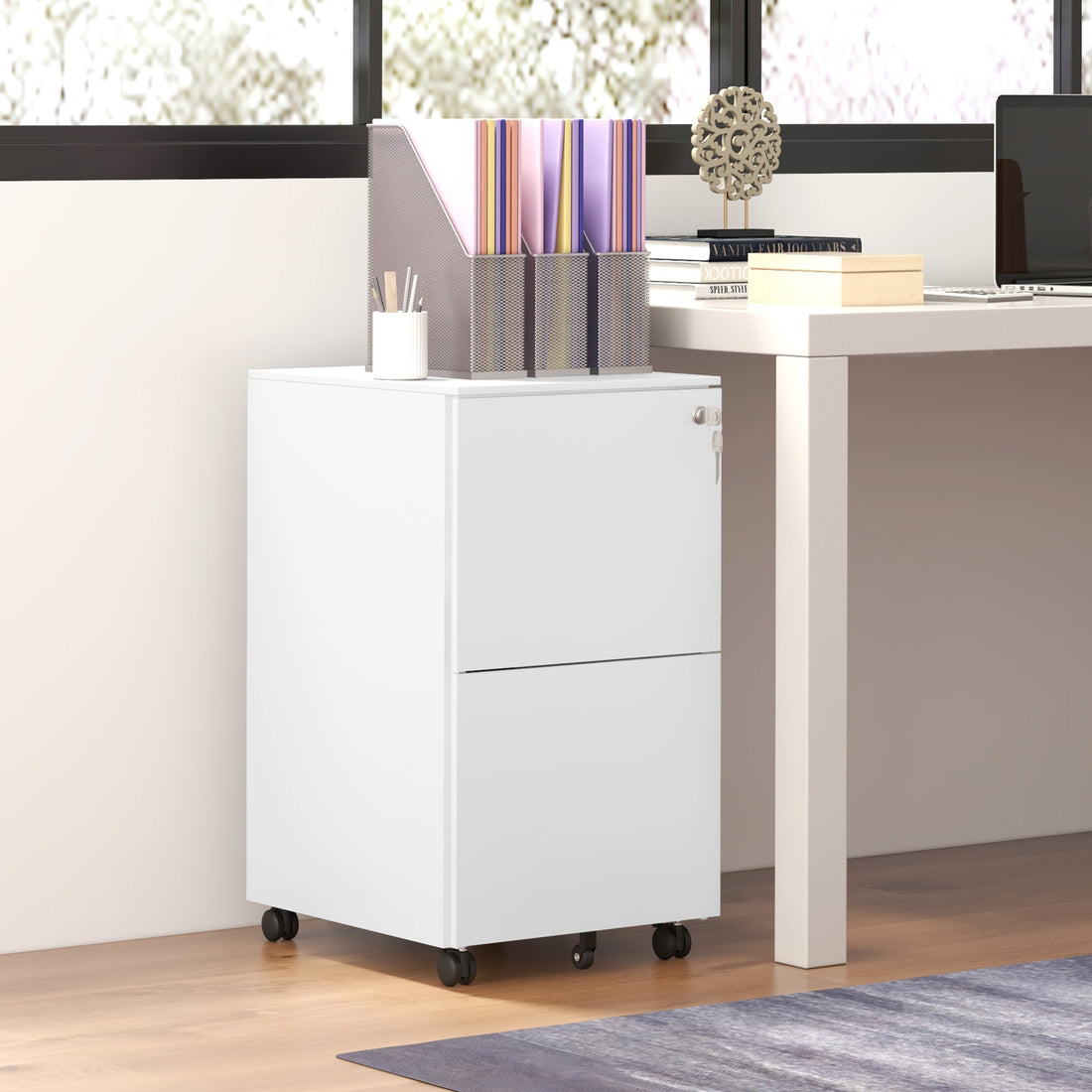 Vinsetto 2-Drawer Filing Cabinet with Lock and 5 Wheels, Steel Mobile File Cabinet, for A4, Legal and Letter Size, Pre-Assembled Body, White