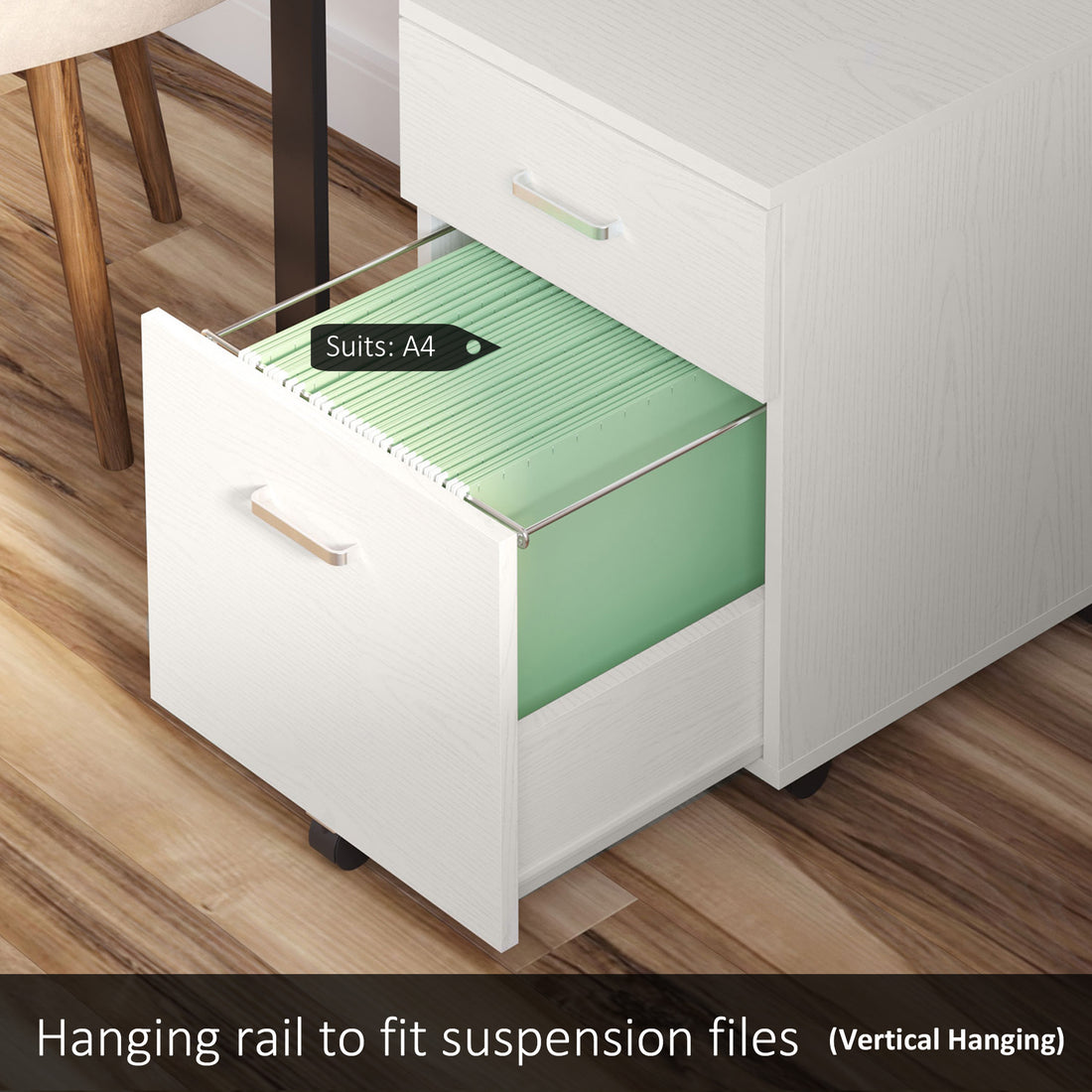 Vinsetto 2-Drawer Locking Office Filing Cabinet w/ 5 Wheels Rolling Storage Hanging A4 Cupboard Home Organisation White Wood Grain