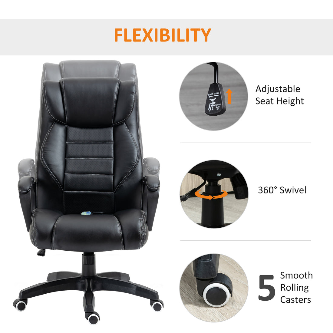 Vinsetto Office Chair with 6-Point Maaage, PU Desk Chair with Padded Seat and Armrest, Computer Chair with Tilt Function for Home, Black
