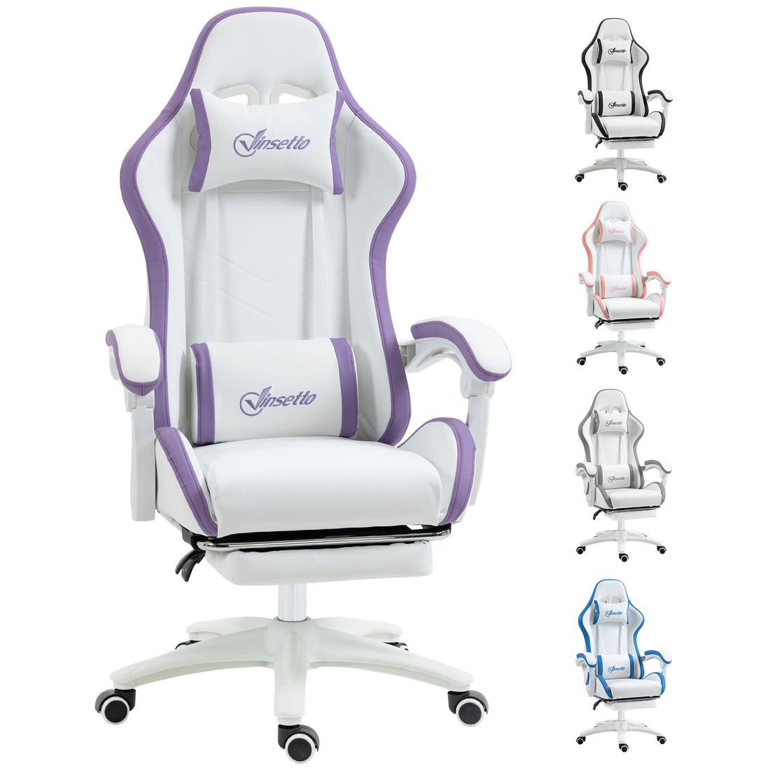 Vinsetto Computer Gaming Chair, PU Leather Office Desk Chair with Footrest, Swivel Wheels, 135° Reclining Back, Lumbar Support, Headrest for Home, White and Purple