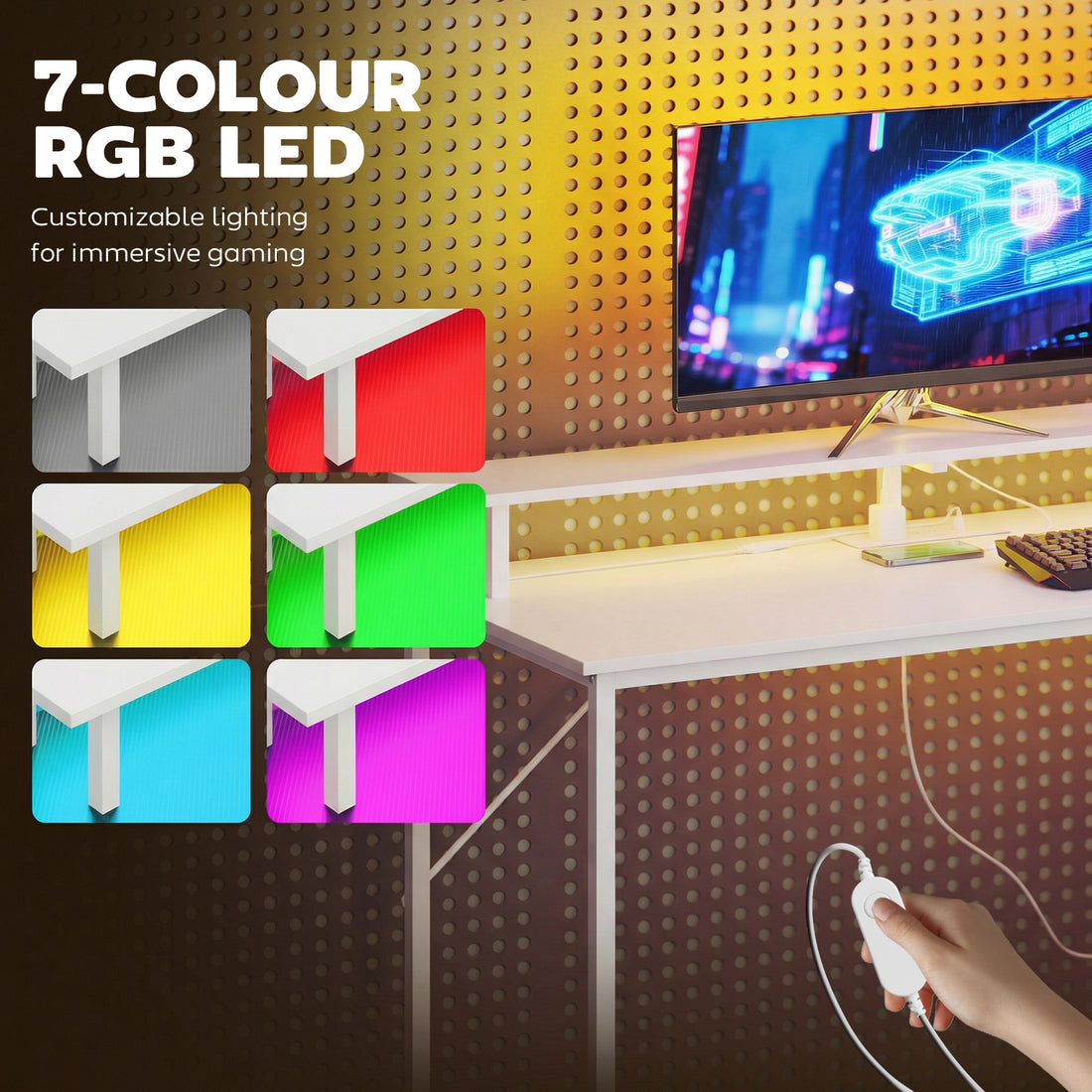 HOMCOM 147cm Gaming Desk with Charging Station and Monitor Stand, Computer Table for Home Office with RGB Lights, White