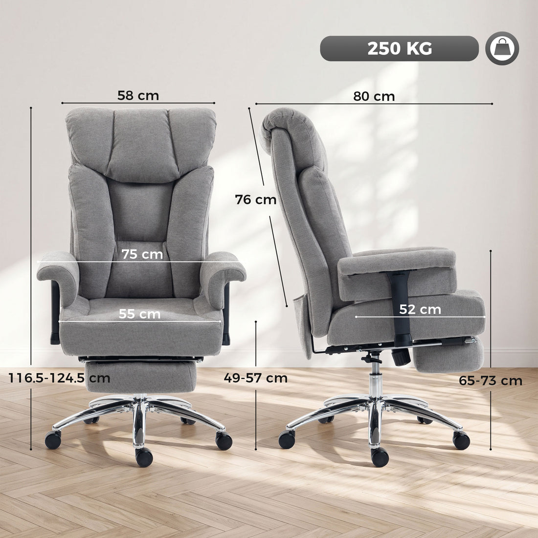 HOMCOM Big and Tall Office Chair, 250 kg Heavy Duty Executive Desk Chair with Adjustable Padded Armrests and High Back, Grey