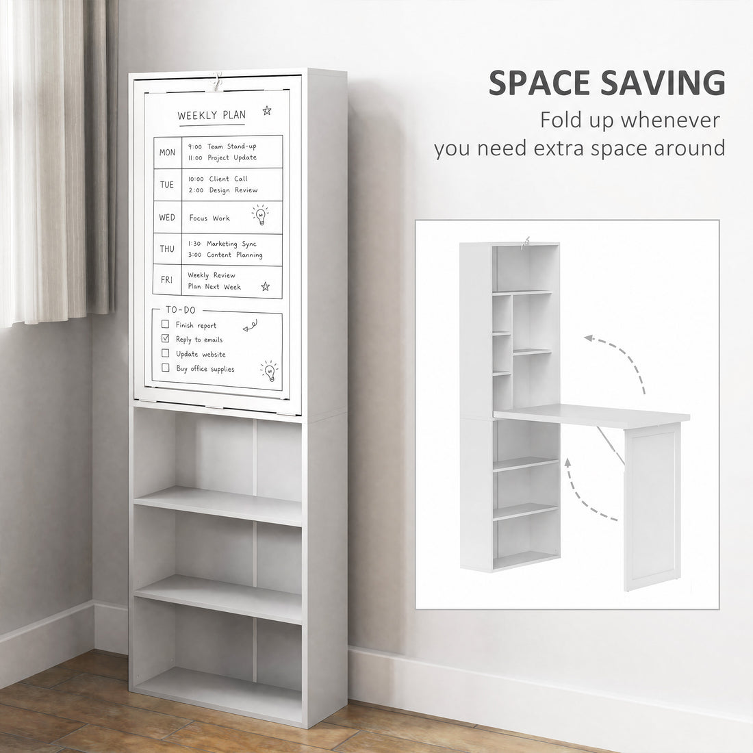HOMCOM Three-Part Work Desk, with Storage and Writing Board - White