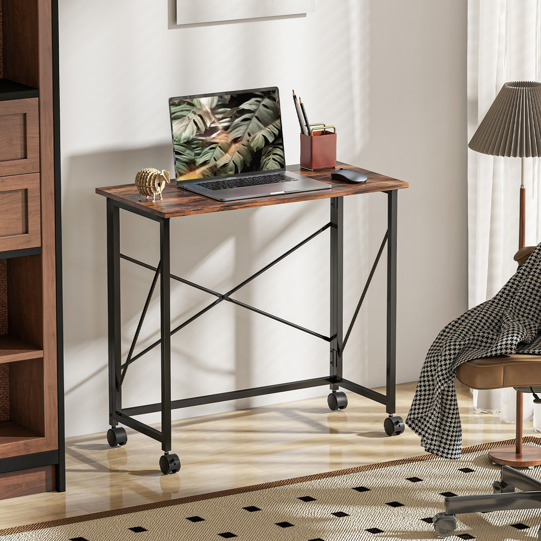 HOMCOM 80 cm Folding Desk on Wheels - Rustic Brown