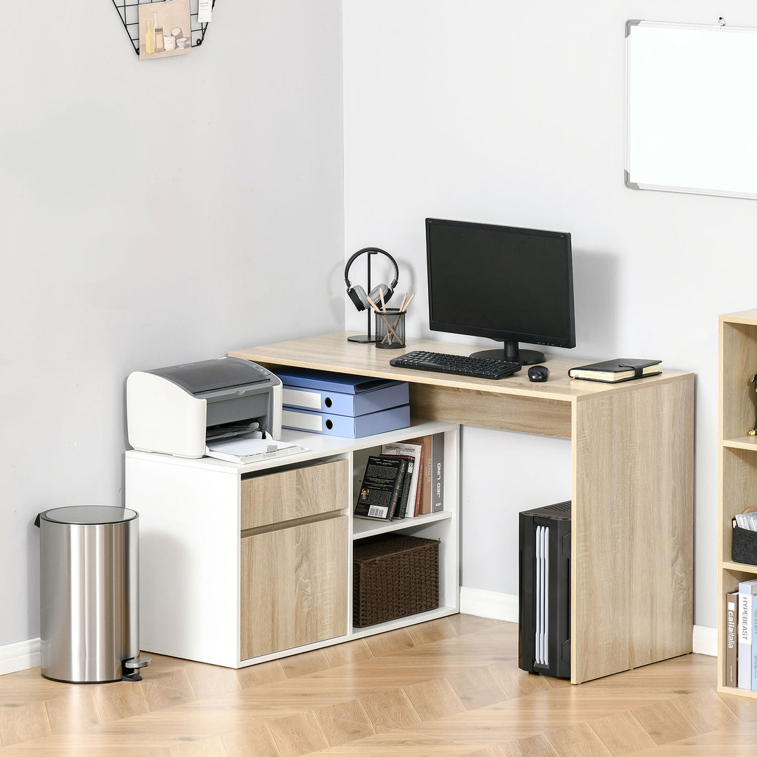 HOMCOM L-Shaped Desk, Corner Computer Desk with Storage Drawer, Adjustable Shelf, Cabinet for Home Office and Study, 120 x 92 x 75cm, Oak and White
