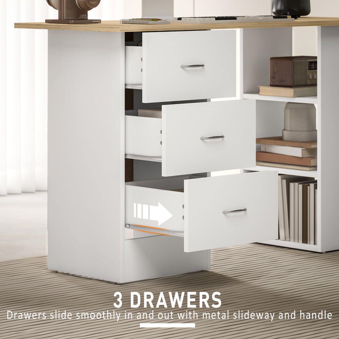 HOMCOM Computer Desk with Drawers, Home Office Desk, Writing Table, PC Workstation with 3 Storage Shelves for Working, Study, 120 x 49 x 72 cm, Natural Wood Finish and White