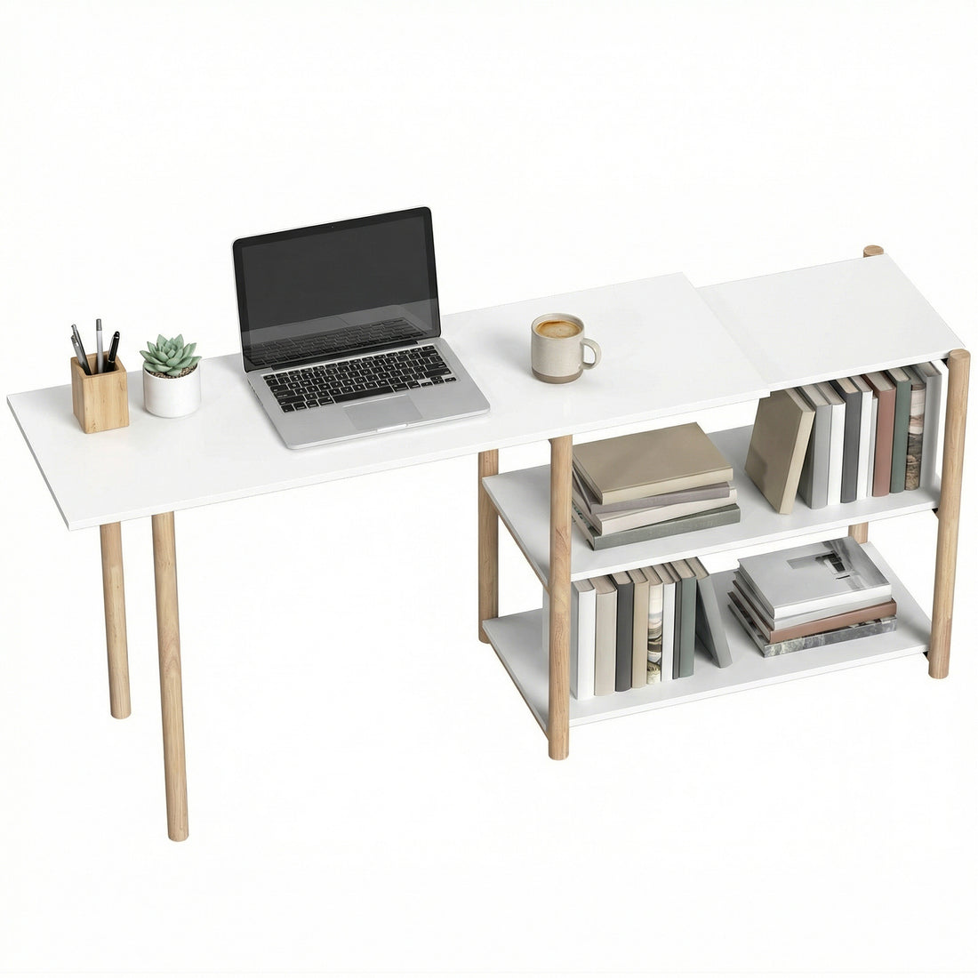 HOMCOM Computer Desk with Storage Shelves Modern Writing Desk Bamboo Frame for Home Office 150 cm White and Oak