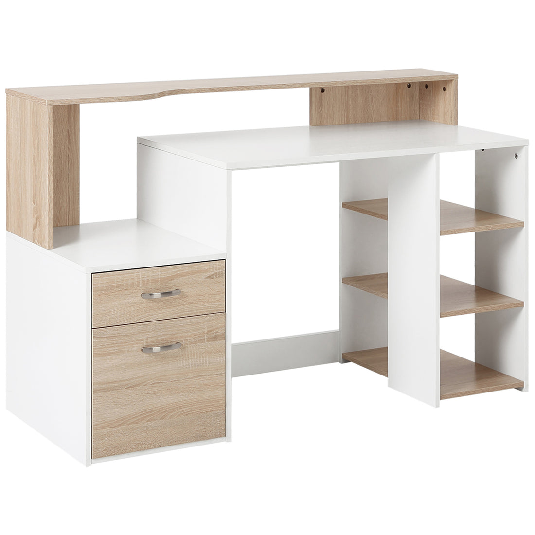 HOMCOM Computer Desk with Drawers and Storage Shelves, Office Desk Writing Table with Printer Stand, Large Workstation for Study Play Work Home Office, 137 x 55 x 92cm, Oak