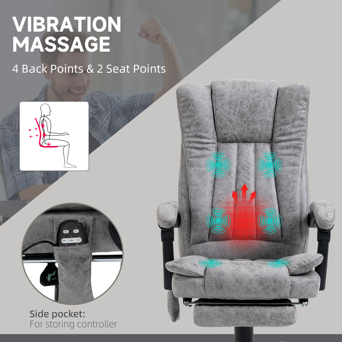 Vinsetto Office Chair with Massage and Heat, Microfibre Reclining Computer Desk Chair with Footrest and Adjustable Height, Swivel Wheels for Home Office, Grey