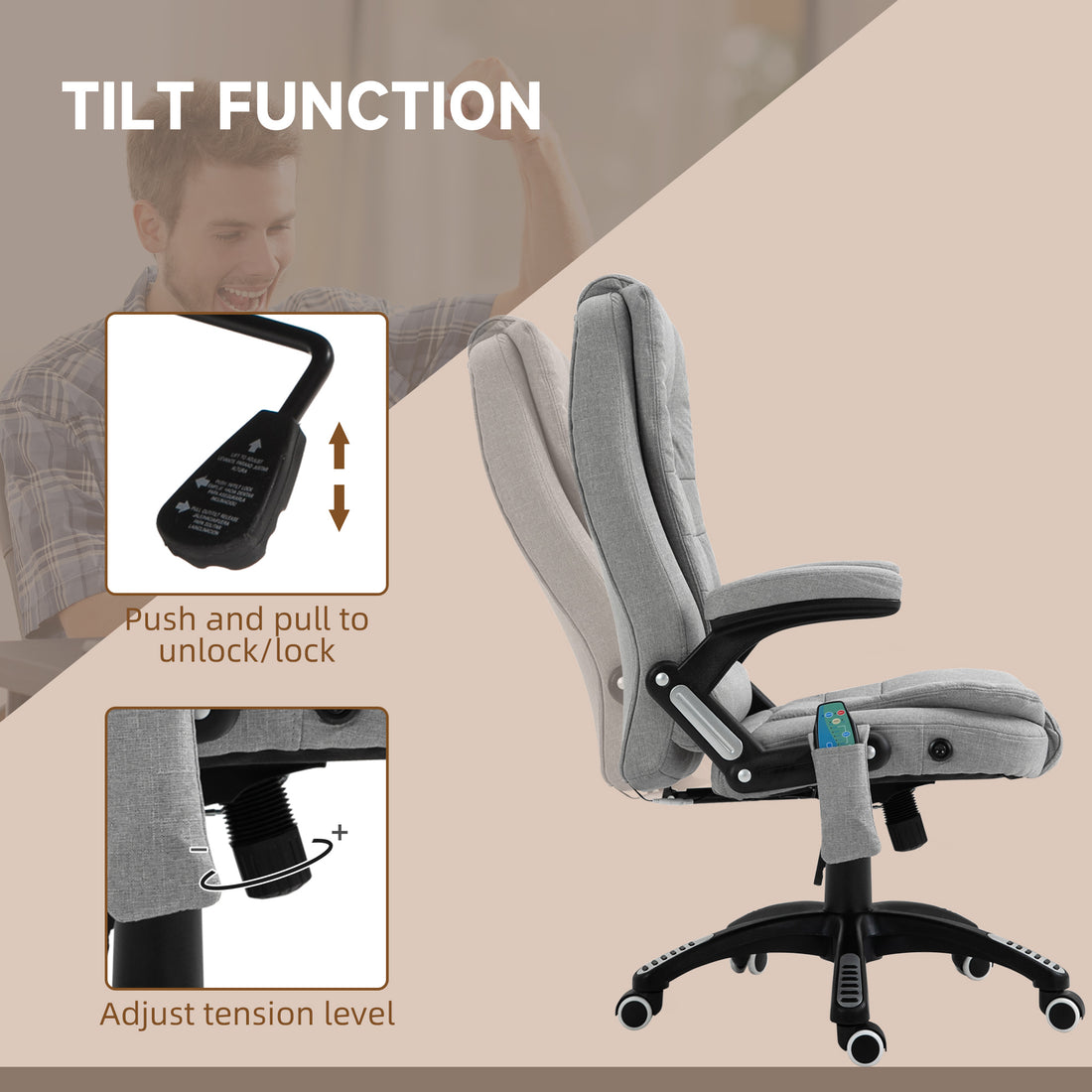 Vinsetto Office Chair, Ergonomic Fabric Desk Chair with 6-Point Massage and Back Heated, Arms, Lumbar Support, Light Grey