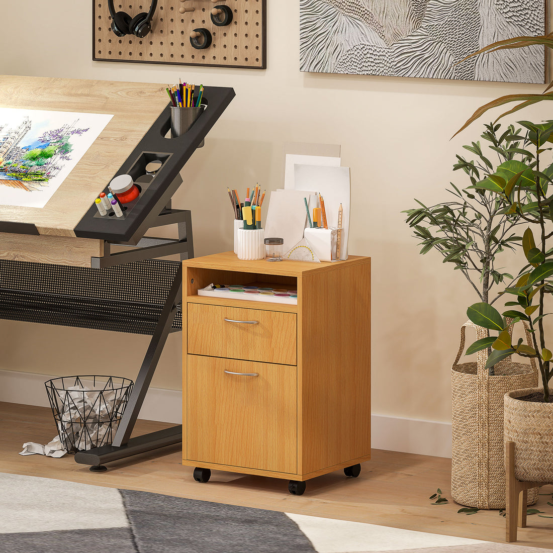 HOMCOM Filing Cabinet, Mobile File Cabinet with 2 Drawers, Office Home Organiser on Wheels, Natural Wood Finish