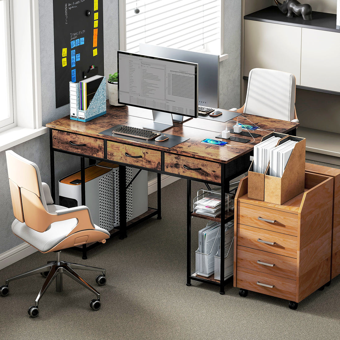 HOMCOM 120cm Computer Desk with Power Outlets, Office Desk Study Table with Fabric Drawers and Storage Shelves, Rustic Brown